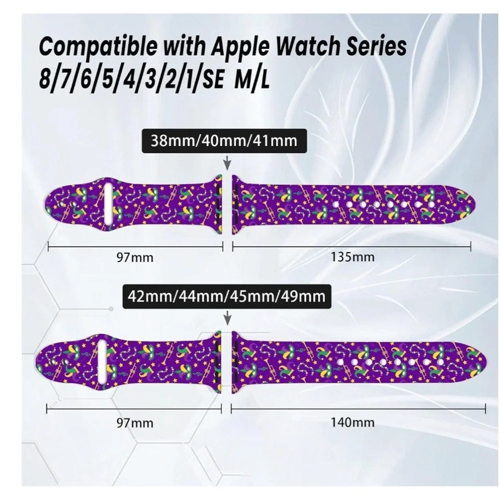 Mardi Gras Carnival Silicone Apple Watch Band 42/44/45/49mm Purple Mask Pattern